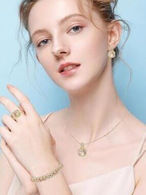 Paxuan 4-Piece CZ Bridal Jewelry Set Necklace Earrings Bracelet Ring